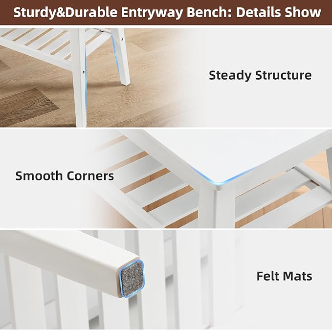 Nnewvante 33.46" Bamboo Dining Bench, 2 Tier Indoor White Storage Bench for Entryway, Outdoor Wooden Bench, Small Wood Benches for Front Porch, Living Room, Bedroom, Holds up to 300 lbs