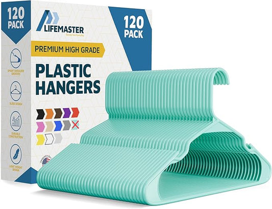 Plastic Clothes Hangers – Heavy Duty Hanger Set, for Organizing Clothes, Dresses, and Coat, Holds Up to 5 lbs, Space-Saving Hangers with Non-Slip Shoulder Grooves, Pack of 120, Aqua