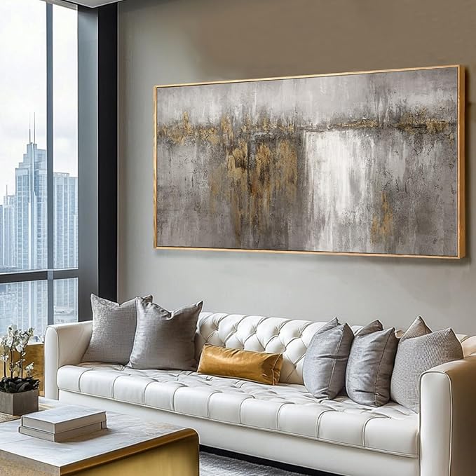 White and Gold Artwork for Walls Abstract Framed Poster Print 24"x48" Canvas Wall Art for Bedroom Neutral Artwork Decor for Office