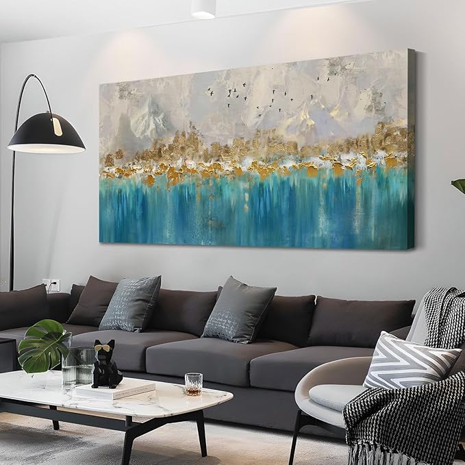 Arjun Teal Gold Abstract Wall Art Blue Turquoise Hand Painted Textured Painting Canvas Modern Grey Artwork Wooden Framed Large Size for Living Room Bedroom Bathroom Home Office Wall Decor, 48"x24"