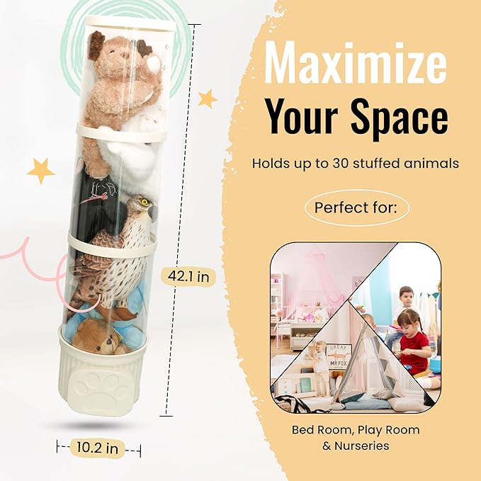 LALABOO Stuffed Animal Storage Tube Organizer – 42” Tall Transparent Hanging Tube for Plush Toy Storage, Space-Saving Kids Room Organizer for Stuffed Animals, Soft Toys, Blankets & More