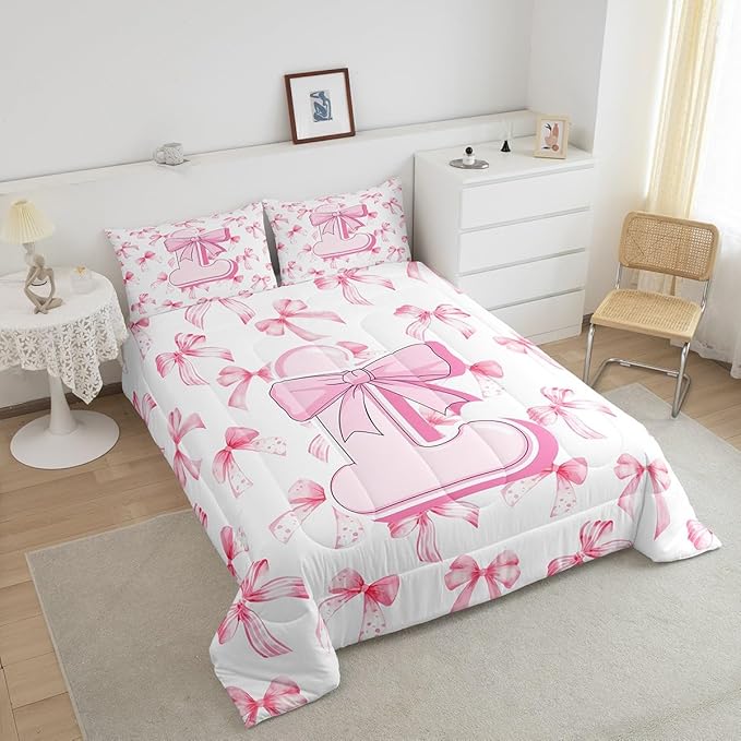 jejeloiu Kids Girls Cute Pink Bow Comforter Set Twin Size Personalized Initial L Bedding Set Ultra Soft Monogrammed Duvet Quilt Coquette Bow Knot Quilt Set Room Decor Modern Fashion Comforter