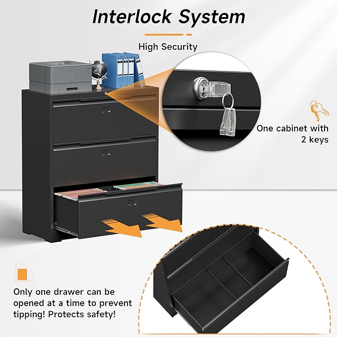 Lateral File Cabinet with Lock, 3 Drawer Lateral Filing Cabinet for Office Home, Locking Metal Steel Wide for Hanging Files Letter/Legal/F4/A4 Size, Easy Assemble Black