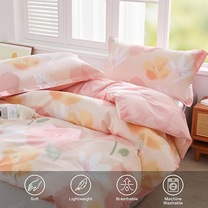 SAPHREAS Pink Floral Duvet Cover Set 3pcs Queen Size Garden Style Blossom Flower Printed Bedding Comforter Cover Set 100% Cotton 1 Duvet Cover 90"x90" 2 Pillow Shams, Comforter Not Included