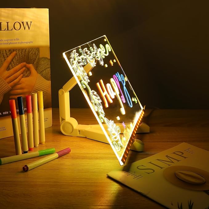 2025 New LED Note Board with Colors - Light Up Acrylic Message Board & Dry Erase Board, Led Drawing Board with Adjustable Stand and 7 Colors Pen for Office, School, Home (11.8× 7.9 inches)