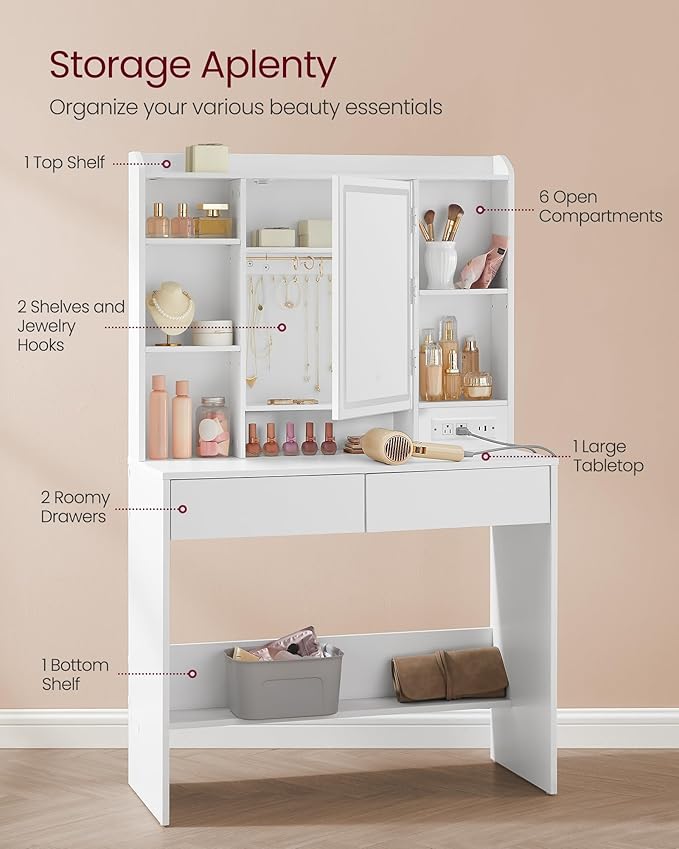 VASAGLE KAILYN Collection - Vanity Desk with Power Outlets, Makeup Vanity with Mirror and Lights, Upholstered Vanity Stool, LED Lights, 6 Compartments, 2 Drawers, for Bedroom, Cloud White URDT031W01