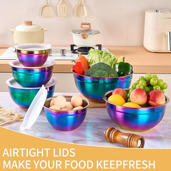 6-Piece Rainbow Stainless Steel Baking & Mixing Bowls Set, Cereal, Dessert, Rice, Fruit & Dipping Bowls, Deep Soup Bowl, Airtight Lid