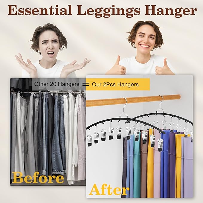 2 Pack Legging Organizer for Closet 360° Swivel, Metal Gym Clothes Organizer w/20 Clips Holds 20 Leggings, Hangers Space Saving, Closet Organizers and Storage, Dorm Room Organization Essentials, Black