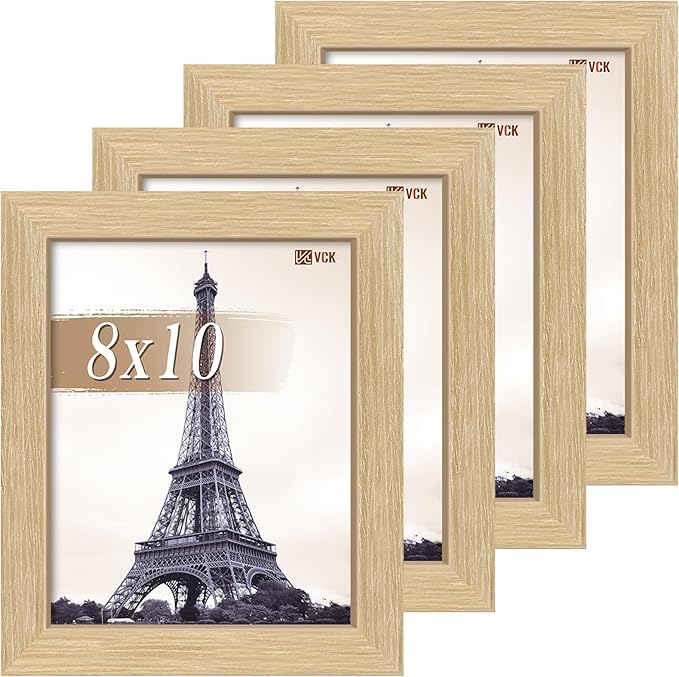 VCK 8x10 Picture Frame Set of 4 - Oak, Gallery-Quality Wood Poster Frames, 1.1-Inch Wide Border, Polished Plexiglass, Vertical or Horizontal Wall & Tabletop Display for Photo/Art/Prints, Natural Oak