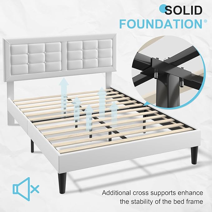 VECELO Full Size Bed Frame with Adjustable Headboard, Upholstered Button Tufted Platform Bedframe with Wood Slats Support, No Box Spring Needed, Linen & White