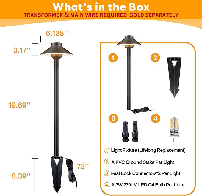 Brass Low Voltage Path Lights, 12V Landscaping Pathway Light IP65 Waterproof, Wired Walkway Lighting Outdoor, LED Bronze for Lawn Backyard with 3W 3000K Soft White G4 Bulb (12 Pack)