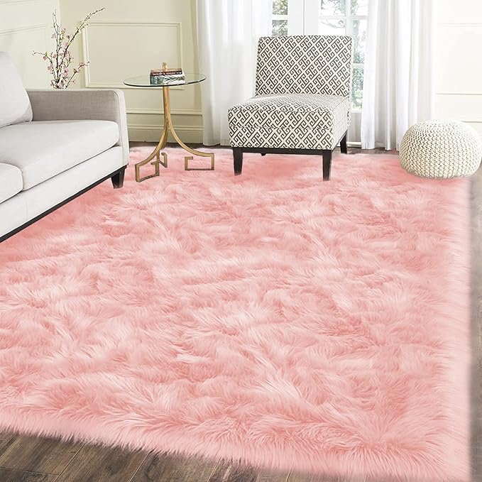 Latepis 5x7 Pink Fluffy Rug for Living Room Faux Sheepskin Fur Rugs Washable Area Rug Bedroom Shaggy Rugs for Sofa Floor for Grils Dorm Room Décor Pink Room Accessories