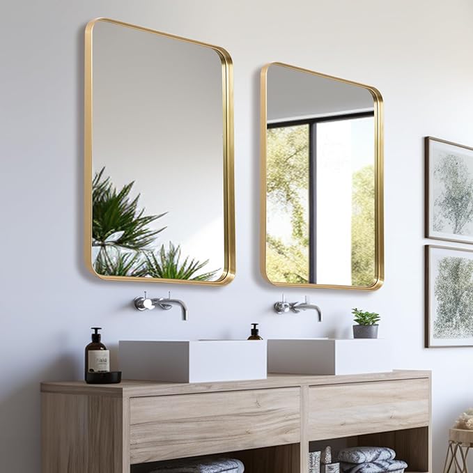 Wall Mirror 22" x 30" for Bathroom, Gold Metal Deep Frame, Rectangular Round Corner, Mounted Vanity Mirror for Bedroom, Living Room, Entryway Decor