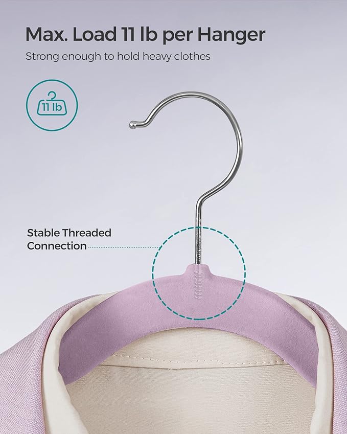 SONGMICS Velvet Hangers 50 Pack, Non-Slip Clothes Hangers, Suit Hangers with Shoulder Notches, Pants Bar, 360° Swivel Hook, Space-Saving, for Closet, Lavender Purple UCRF029GP05