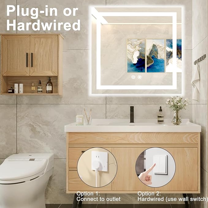 24 X 24 Inch Square LED Bathroom Vanity Mirror, 3 Colors Light Dimmable, Wall Mounted Memory Lighted Makeup Mirror with Anti-Fog Touch Switch (Front-lit&Backlit)