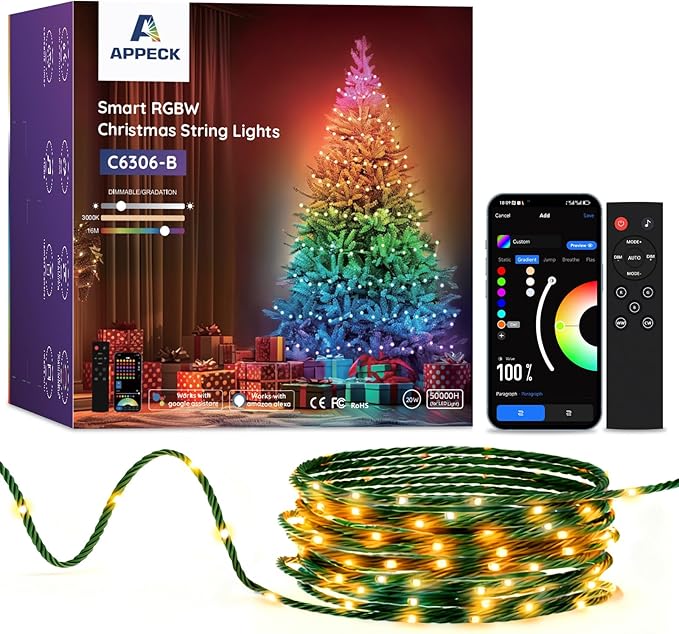 APPECK Christmas String Lights,66 FT 200 LED Outdoor String Lights, 111 Scene Modes Smart RGBW Color Changing Fairy Lights with App Controlled, Decoration String Light for Indoor, Outdoor Tree Decor