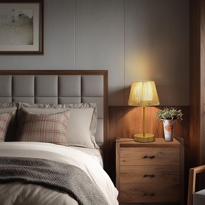 ONEWISH Touch Bedside Table Lamps Set of 2, 14.2" Boho Lamp 3 Way Dimmable, Rope lamp for Bedroom Nightstand Farmhouse, LED Bulb Included(Gold)