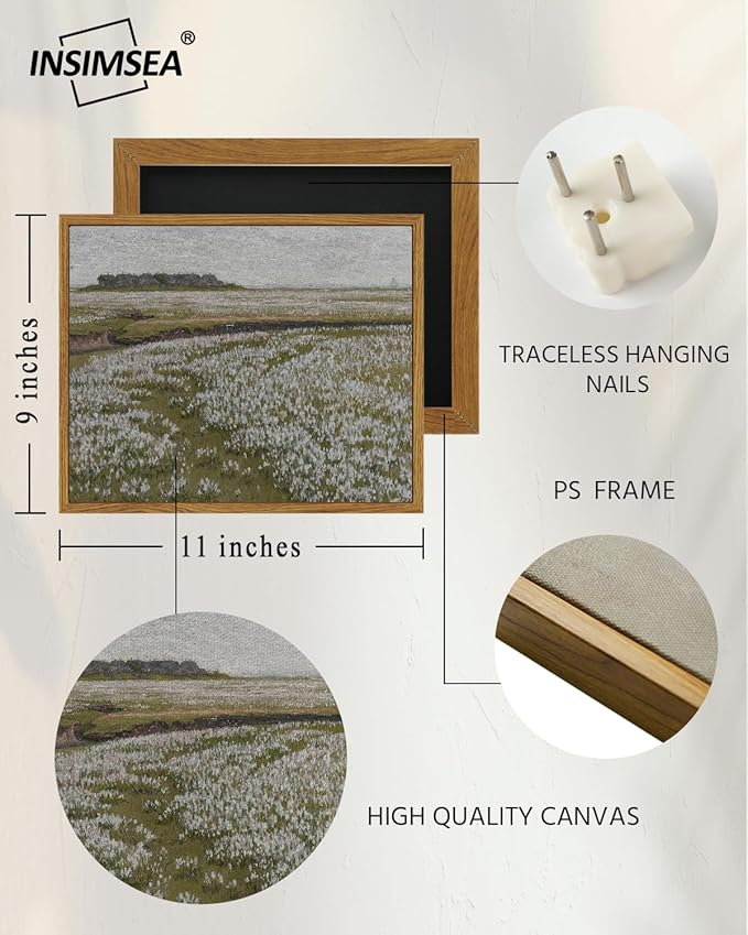 InSimSea Framed Vintage Landscape Wall Art Prints, Boundless Grassland Full of White Flowers Canvas Painting Wall Decor, Framed Farmhouse Bedroom Wall Decor, Retro Room Decor 9/inchx11/inch