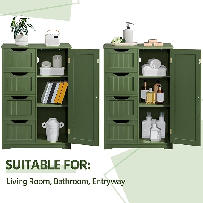 Yaheetech Wooden Bathroom Floor Cabinet, Side Storage Organizer Cabinet with 4 Drawers and 1 Cupboard, Freestanding Entryway Storage Unit Console Table, Bathroom Furniture Home Decor, Green