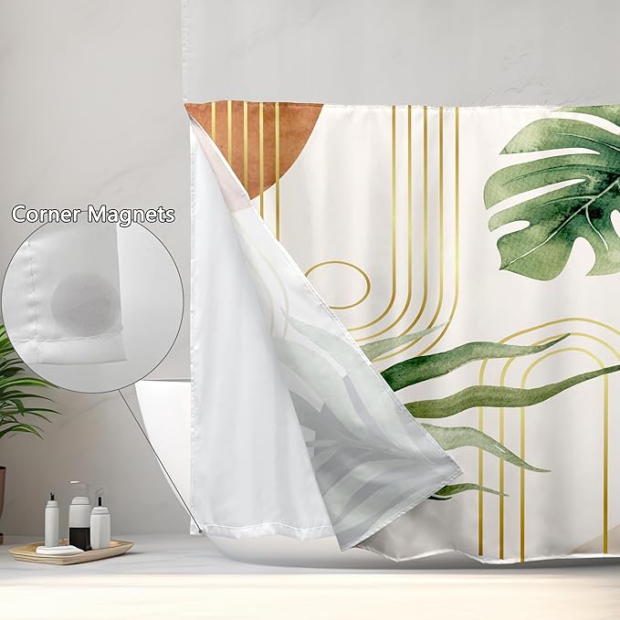 Glawry No Hook Shower Curtain with Snap in Liner, Boho Green Modern Mid Century Tropical Palm Leaf Abstract See Through Mesh Top Window Curtains 70Wx72L Inches Bath Accessories Art Home Decor Fabric