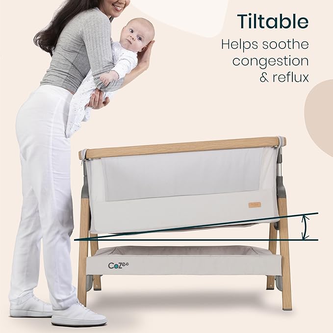 CoZee® 2-in-1 Baby Bassinet & Bedside Sleeper - Fast-Folding Bedside Bassinet, Baby Crib with 6 Mattress Heights & Breathable Mesh Window, Mattress Included, 0-6 Months (Silver & Oak)