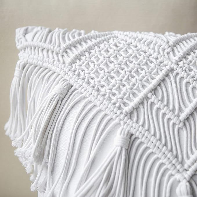 Phantoscope 100% Cotton Handmade Crochet Woven Boho Throw Pillow Farmhouse Pillow Insert Included Decorative Cushion for Couch Sofa White 18 x 18 inches