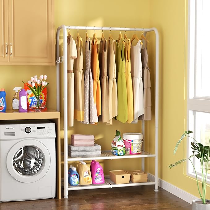 SINGAYE Clothing Racks Portable for Hanging Clothes Garment Rack Heavy Duty Clothes Rack Storage Coat Hanger Stand Portable Closet to Hang with Shelves Wardrobe Standing Organizer Drying White