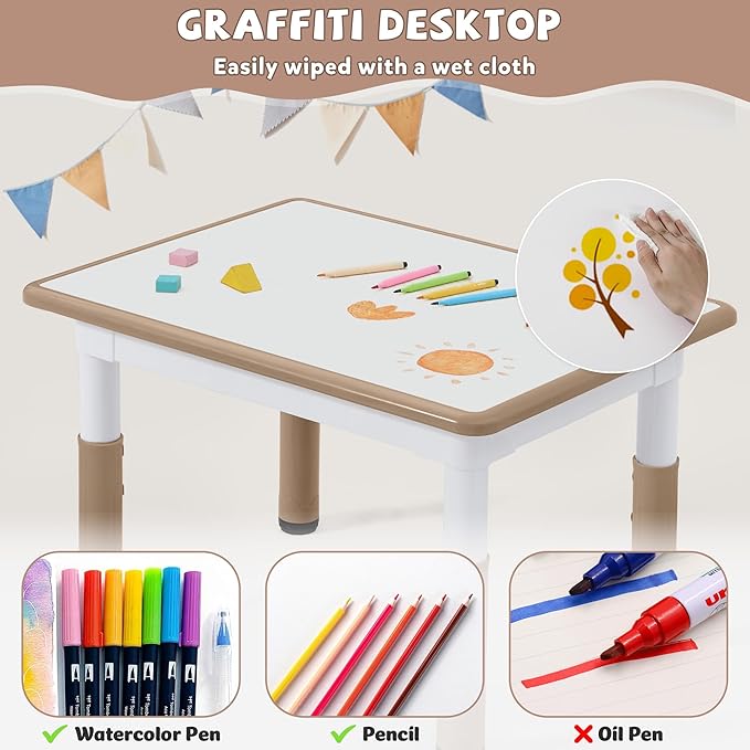 Adjustable Kids Table Chairs Set – Graffiti Desktop, Multi-Activity Height-Adjustable Toddler Study Desk for Ages 3-8 – Ideal for Home, Classroom, Daycare (B-Darkbrown, 4 Chairs-31.5" L x 23.6" W)