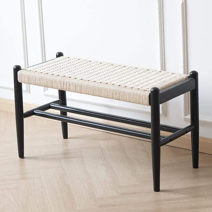 Solid Wood Entryway Bench with Shoe Storage, Rustic Oak Wood and Woven Design 31.5 Inch Long Seating for Living and Dining Rooms,Black