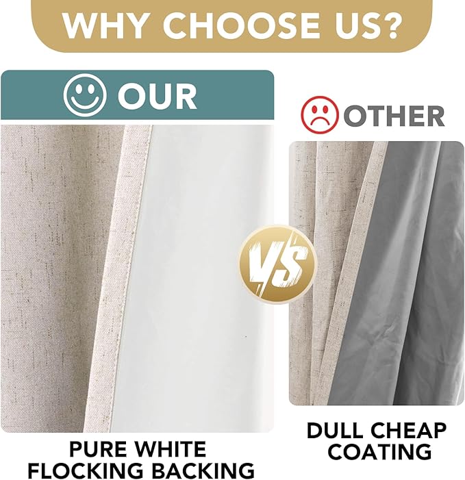 H.VERSAILTEX Linen Blackout Curtains 54 Inches Long 100% Blackout Thermal Insulated Textured Linen Look Curtain Draperies Anti-Rust Grommet, Energy Saving with White Liner, 2 Panels, Natural