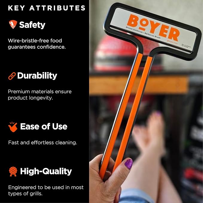 The Boyer Brush™ - The Safest Grill Brush, Wire-Bristle Free, All-Metal Construction, Cast Aluminum Body, Stainless Steel Wire Spring Coil, Fire Resistant