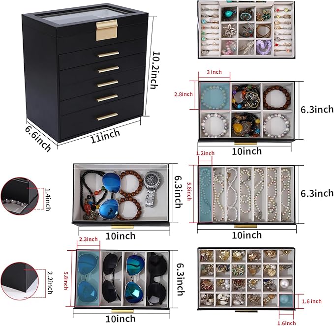 BOOVO Jewelry Box for Women, Black 6 Layer Large Jewelry Organizer with Glass Lid for Necklace, Bracelet, Earrings, Rings Storage, Jewelry Organizers and Storage for Girls Gift (Clear Black, 6 layer)