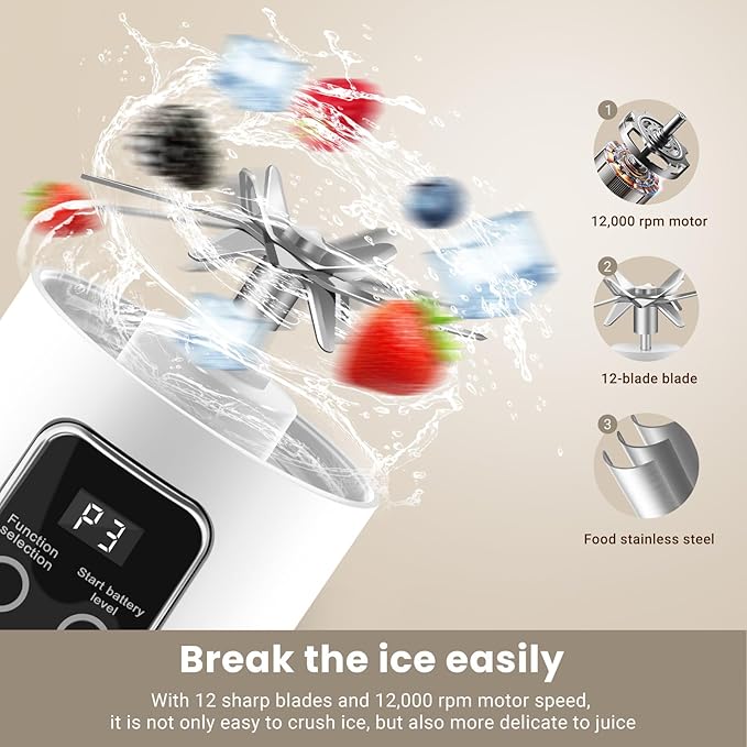 Portable Personal Electric Blender，500ML Portable Shakes and Smoothies Blender，Small Blenders、Mixing、Compact、Convenient and Versatile(White)