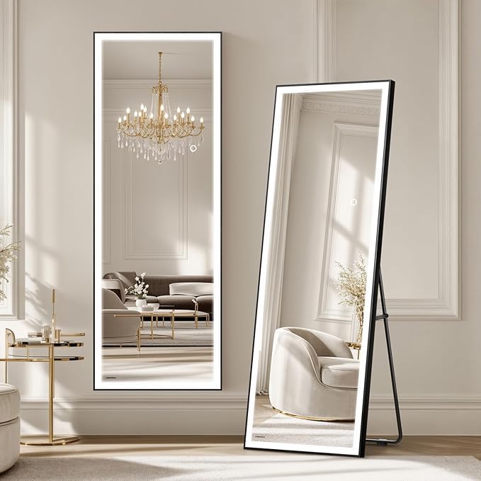 56×18 LED Full Length Mirror with Lights - Wall Mounted Vertical Vanity Mirror for Bedroom & Bathroom, Full Body Backlit, Adjustable Brightness, Tempered Glass, Full Length Mirror for Home