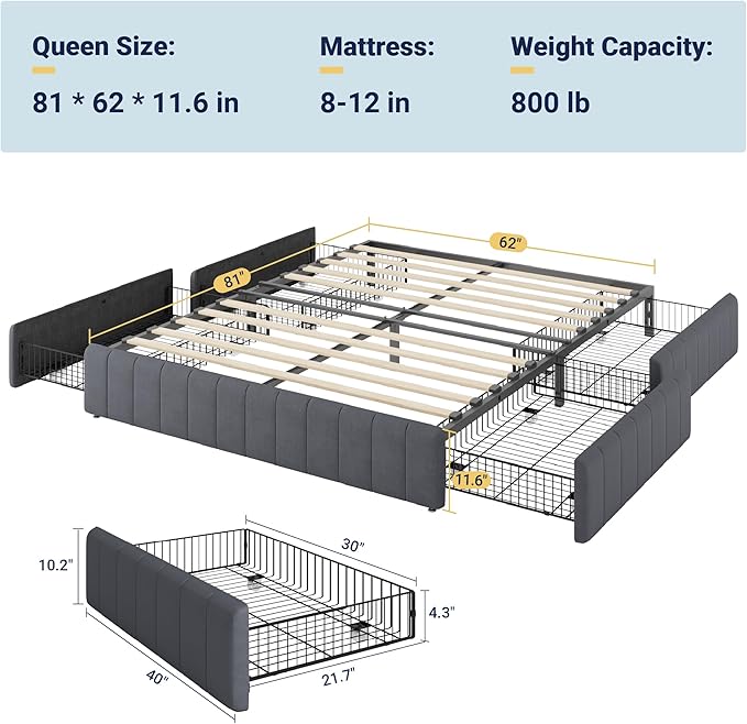 Allewie Queen Size Platform Bed Frame with 4 Large Storage Drawers, Velvet Vertical Channel Tufted Upholstered Bed Base, Wooden Slats Support, Noise-Free, No Box Spring Needed, Easy Assembly, Grey
