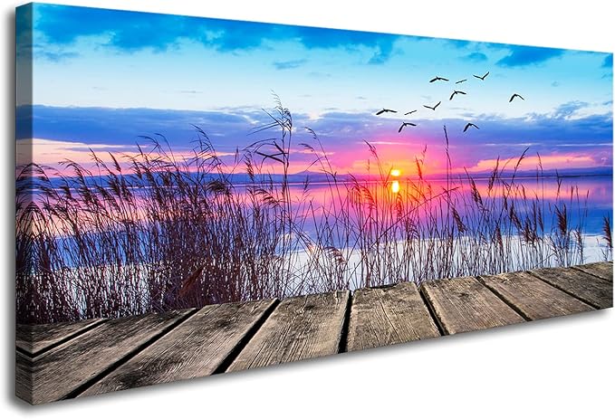 XXMWallArtFC2375 Wall Art Leisure and Free Time On The lake Framed Canvas Prints Painting Sunset Landscape Pictures Ready to Hang for Living Room Bedroom Kitchen Home and Office Wall Decor