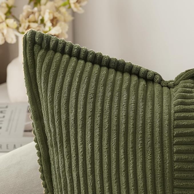 MIULEE Olive Green Corduroy Pillow Covers 16x16 Inch with Splicing Set of 2 Soft Boho Striped Pillow Covers Broadside Decorative Textured Summer Pillowcases for Couch Cushion Bed Livingroom