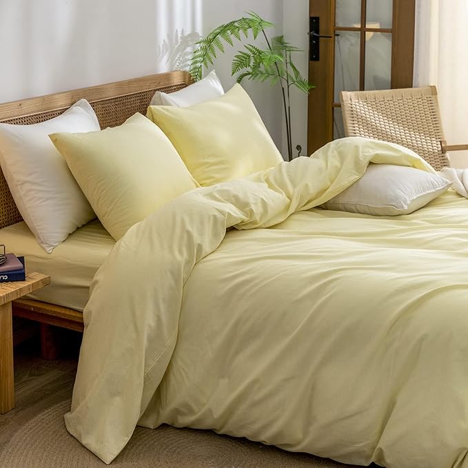 BESTOUCH Duvet Cover Set 100% Washed Cotton Linen Feel Super Soft Comfortable Chic Lightweight 2 PCs Home Bedding Set Solid Light Yellow Twin/Twin XL