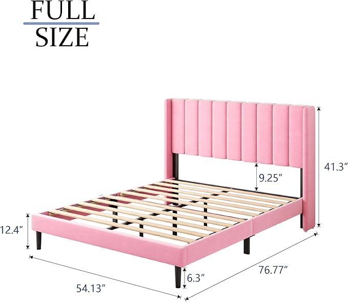 Full Size Bed Frame with Upholstered Wingback Headboard, Easy Assemnly Platform Bed, Wooden Slat Support No Box Spring Needed, Pink
