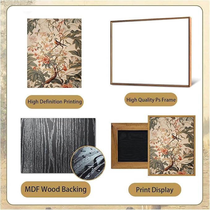 Djmwtb Framed Vintage Wall Art, Botanical Flower Wall Art,Birds Pictures Wall Decor,Nature Paintings Canvas Artwork Prints for Bedroom, Living Room 16x24in