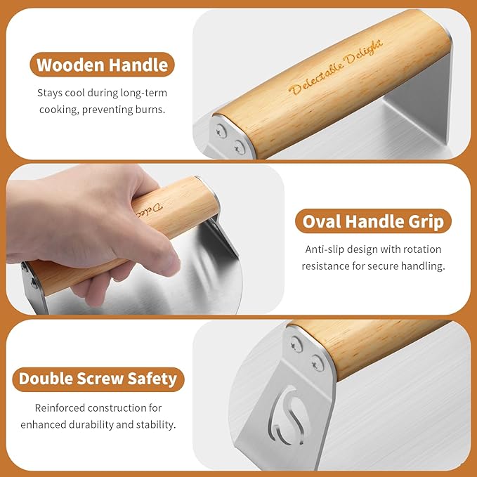 Smash Burger Press,304 Stainless Steel 6.0 Inches Round Hamburger Smasher with Anti Scald Wood Handle, Non-Stick Burger Press Perfect for Flat Top Griddle Grill Cooking (6'' Coated Press)