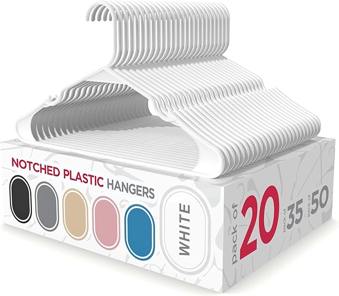 Sharpty - Plastic Hangers - Adult Clothes Hangers - T-Shirt, Dress, Coat Hangers & Accessories - Notched Hanger, Durable & Versatile Color Clothing Closet Hanger(20-Pack,White)