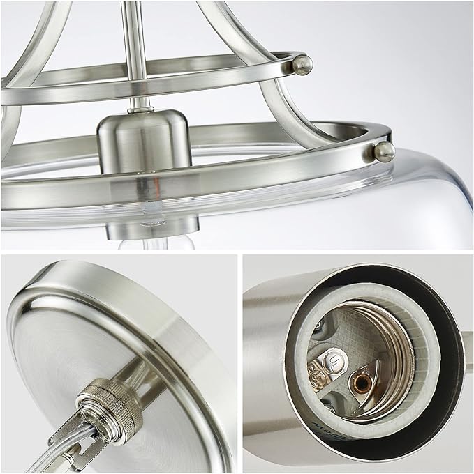 WUZUPS Chandelier Rustic Farmhouse Industrial Round Ceiling Pendant LED Light Fixture with Clear Glass Shades for Dining Room Kitchen Island Foyer Entryway, H 17" x W 13.4", E26 Base, Brushed Nickel