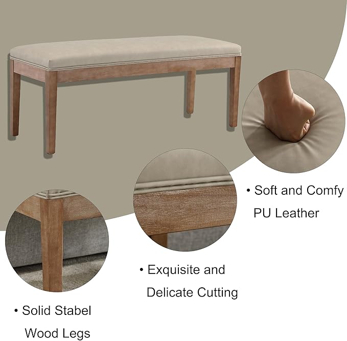 Upholstered Entryway Bench Modern Shoe Benches for Hallway Porch Bedroom Bench for End of Bed Dining Bench for Dining Table Dining Room Kitchen Window with Wood Legs, PU Leather, Grey