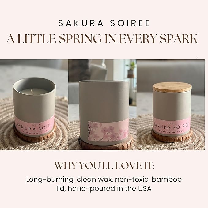 Sakura Soiree Scented Candle – Long Burning Cherry Blossom & Sandalwood Spring Fragrance – Non-Toxic Hand-Poured Coconut-Apricot Wax 13 oz with Luxury Gift Box Made in USA Small Batch Crafted.