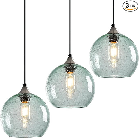 Light Green Glass Pendant Lights Kitchen Island Lighting Globe Pendant Light Fixtures Modern Pendant Lighting for Bedroom Living Dining Room Light Fixture (7.87 in, 3 Pack)