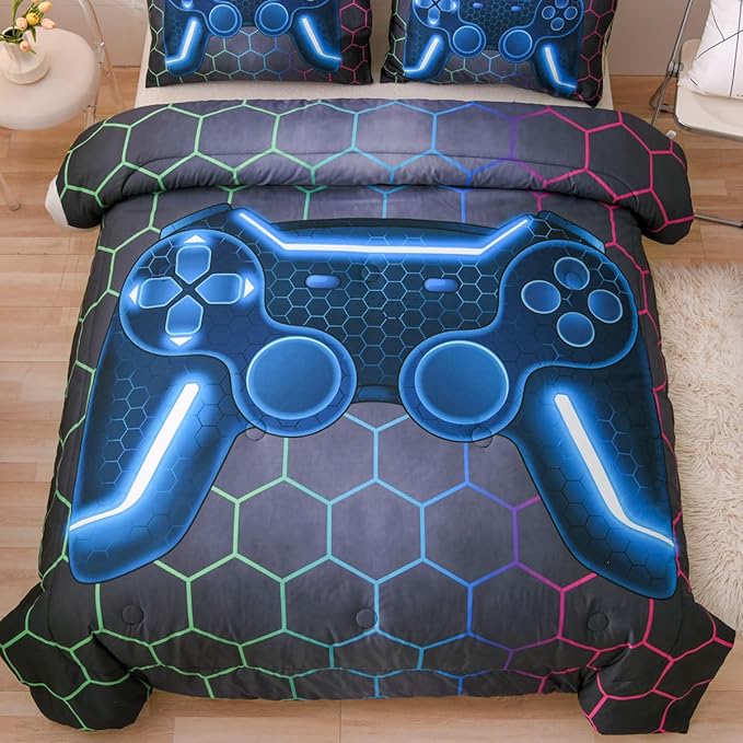 NTBED Game Console Comforter Set for Boys Girls Kids 3D Gaming Geometric Lightweight Microfiber Bedding Sets (Multi, Queen)
