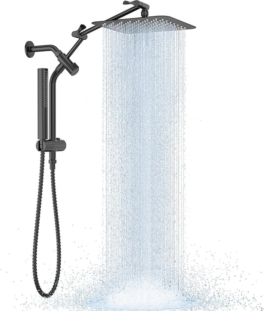 Veken 10" Luxurious All Metal Rain Shower Head with Handheld Spray Combo, High Pressure Rainfall Square Shower Heads with Extension Arm, Wide Dual Showerhead, Bathroom Accessories, Matte Black