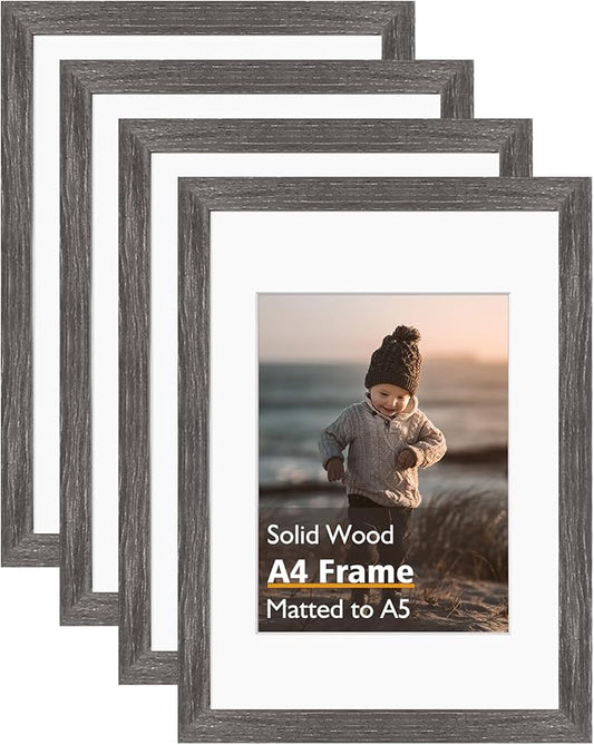 KINLINK A4 Picture Frame, Ash Black Solid Wood Frames with Acrylic Plexiglass for Pictures A5 with Mat or A4 without Mat, Tabletop and Wall Display Photo Frame 4 Pack