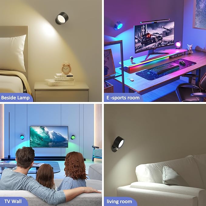 Lightbiz LED Wall Lights 3 Pcs with Remote, RGB Ambience Wall Sconces Lamp 3000mAh Rechargeable Battery Operated, 3 Color Temp & Dimmable Magnetic 360° Rotation Cordless Light for Living Room Bedside